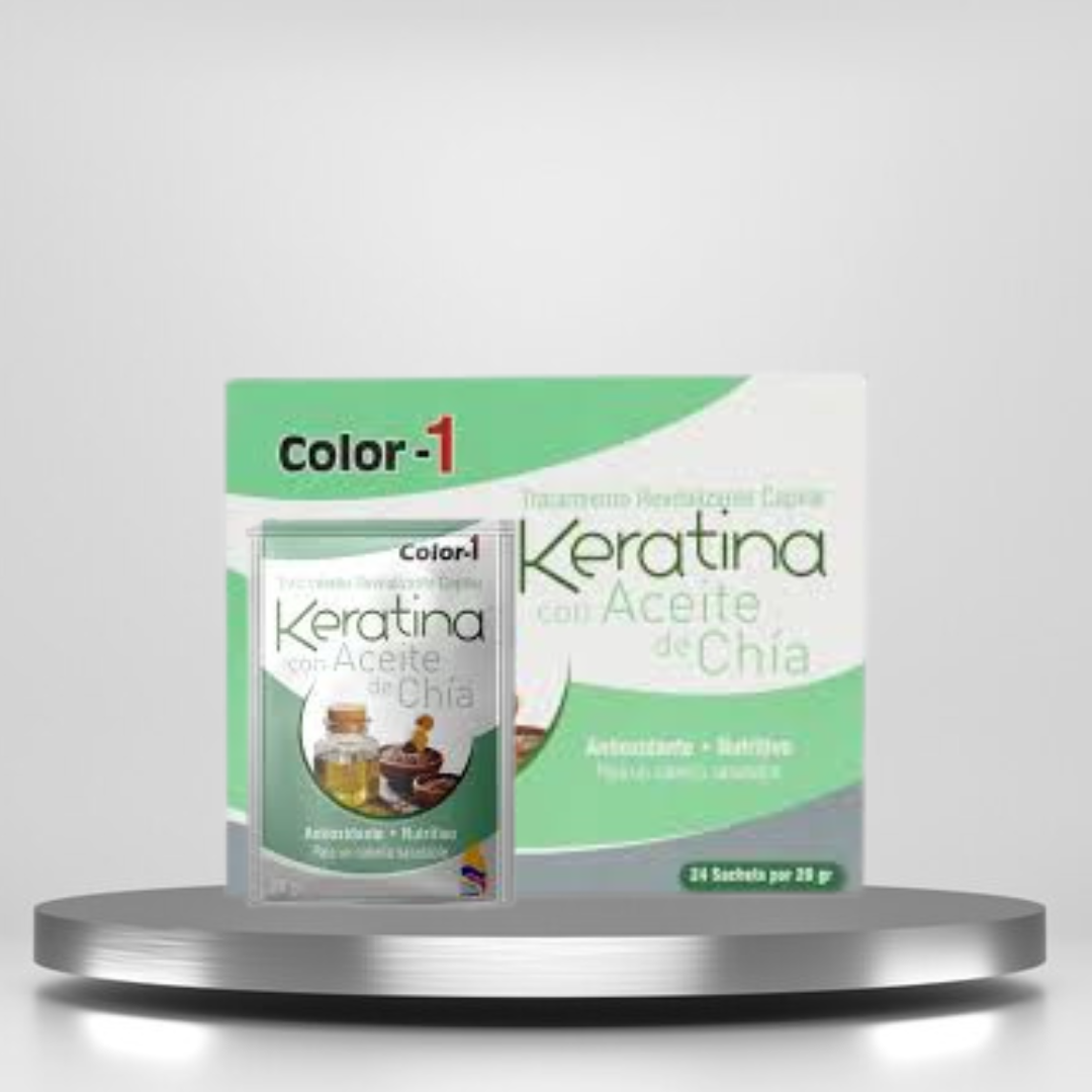 Keratina con aceite de chía: tratamiento nutritivo para cabellos secos y dañados, formulado con proteínas y aminoácidos esenciales. Protege, repara y aporta brillo y suavidad